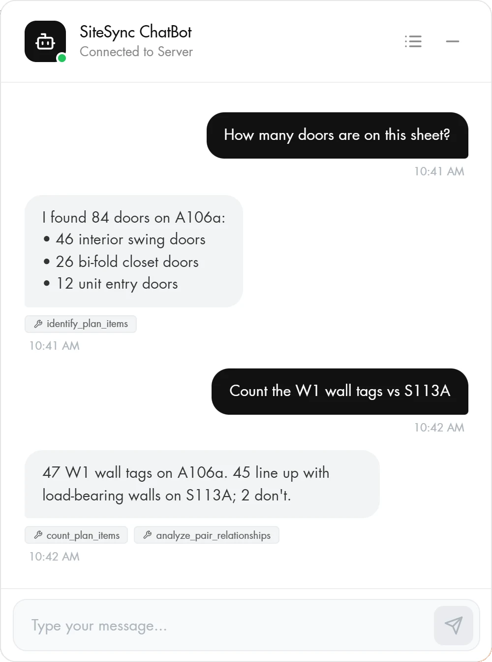 SiteSync ChatBot. Asked how many doors are on the sheet, it finds 84 on A106a: 46 interior swing doors, 26 bi-fold closet doors, and 12 unit entry doors. Asked to count the W1 wall tags against S113A, it finds 47, with 45 lining up with load-bearing walls and 2 that don’t.