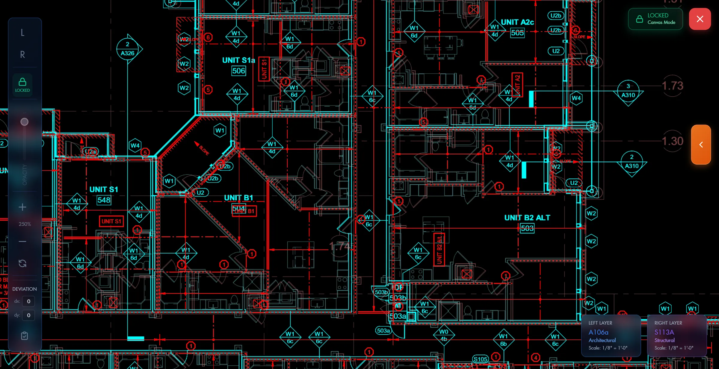 The overlay at 250 percent: A106a in cyan locked over S113A in red, around units S1a, B1, and B2 ALT.