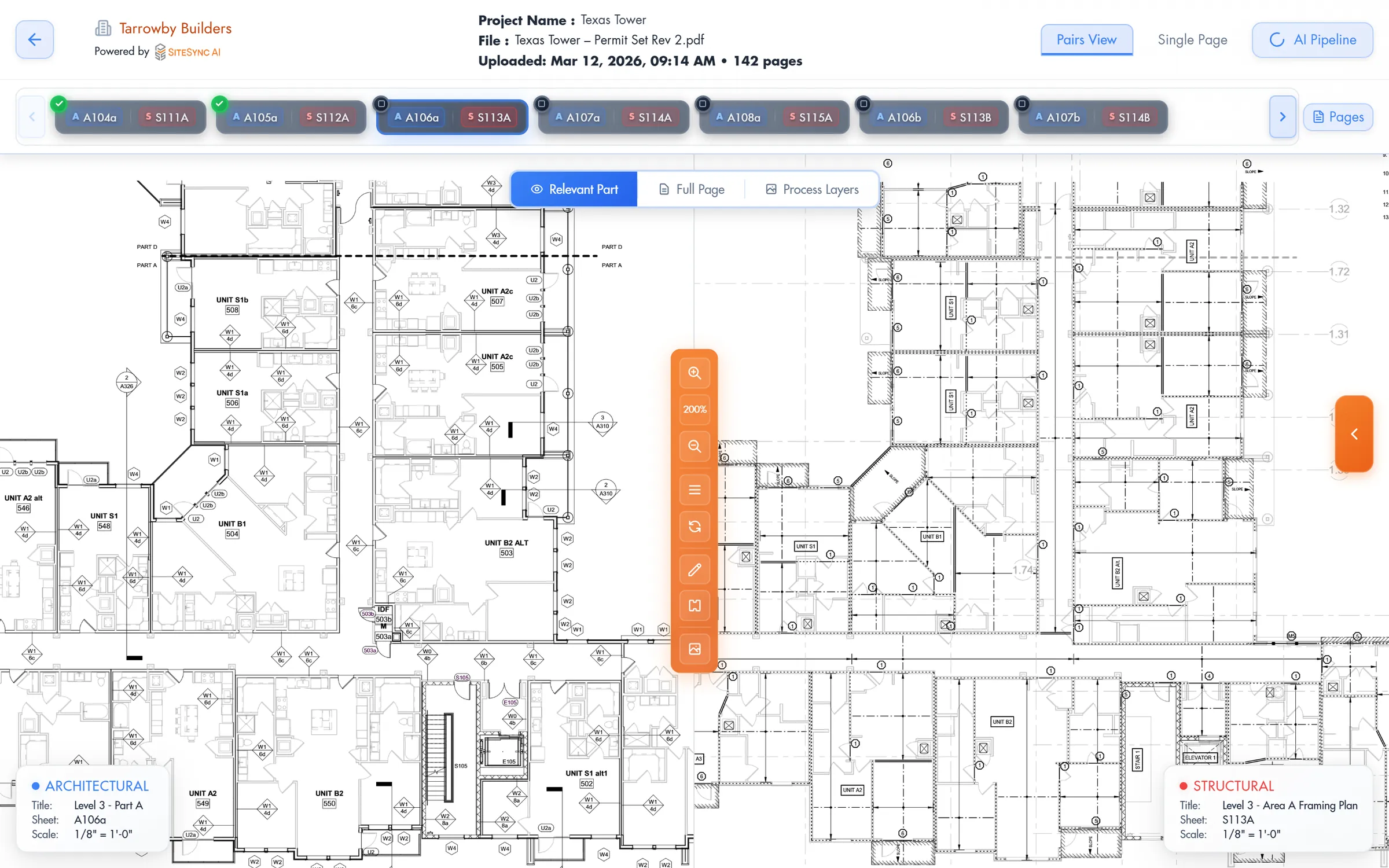 Plan Review’s Pairs view: architectural sheet A106a beside structural sheet S113A, with the set’s sheet pairs listed across the top and the first two marked reviewed.