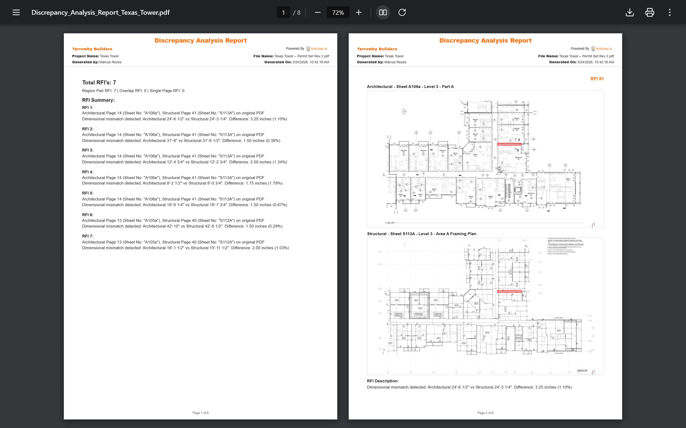 The Discrepancy Analysis Report for Texas Tower: seven RFIs summarized on page one, and RFI 1 on page two with both sheets and the mismatch highlighted in red.