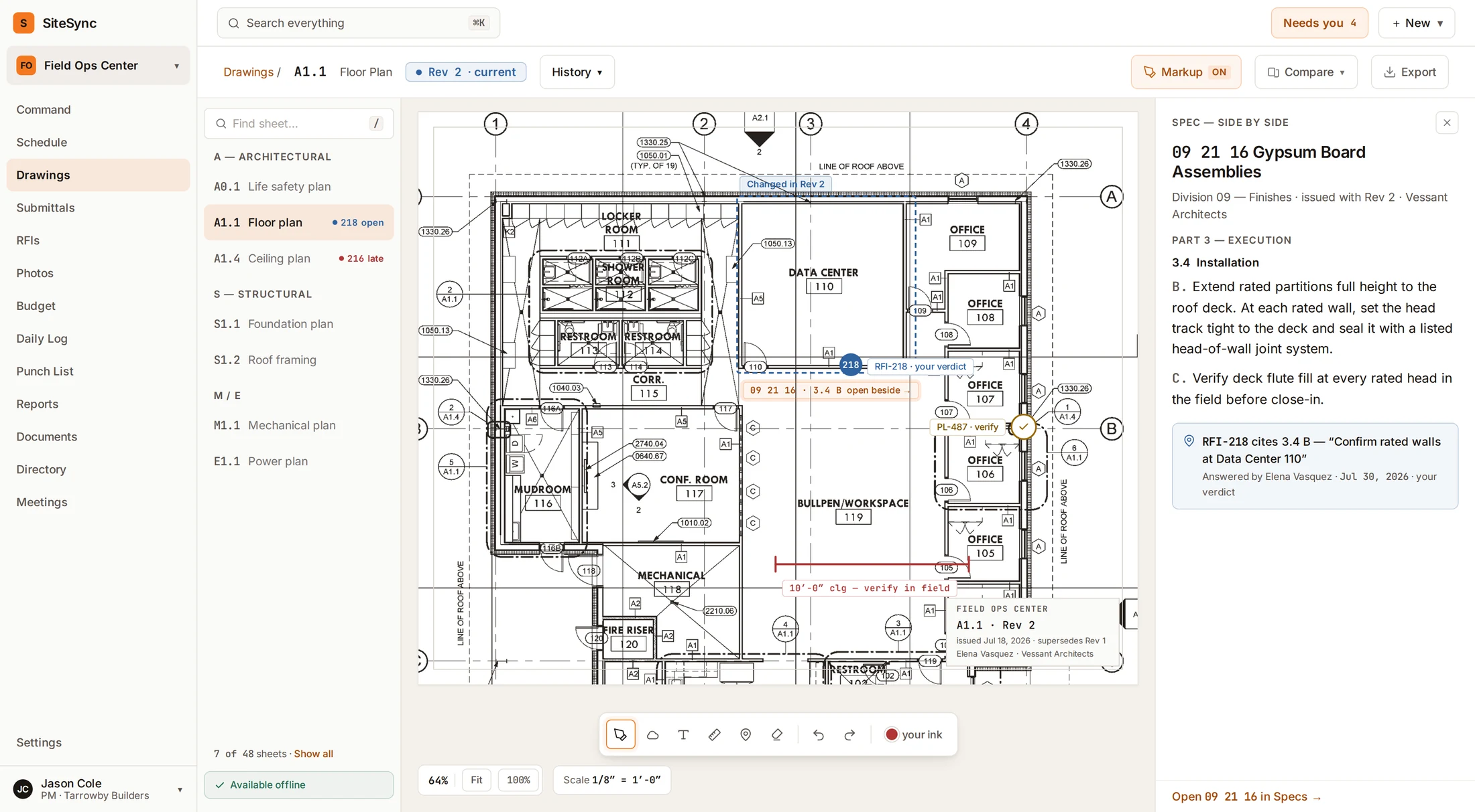 SiteSync PM drawing viewer: floor plan A1.1 with an RFI pinned at Data Center 110, a punch item waiting on verification, a field markup, and the spec section the RFI cites open beside the sheet.