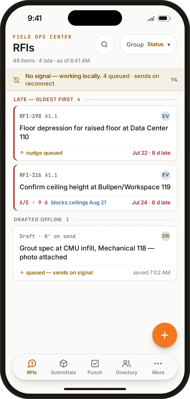 Working with no signal: four items queued to send on reconnect, and a draft RFI saved offline.