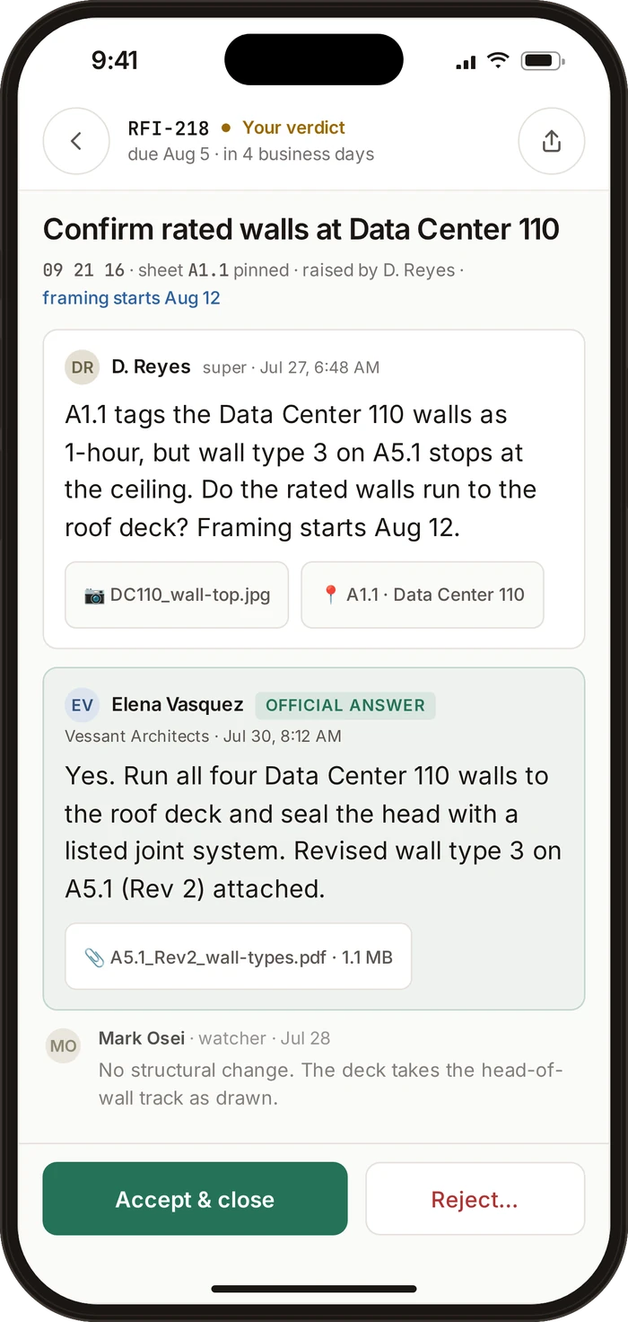 The same RFI on iPhone: the superintendent’s question with a photo and sheet pin, the architect’s official answer, and Accept and close.